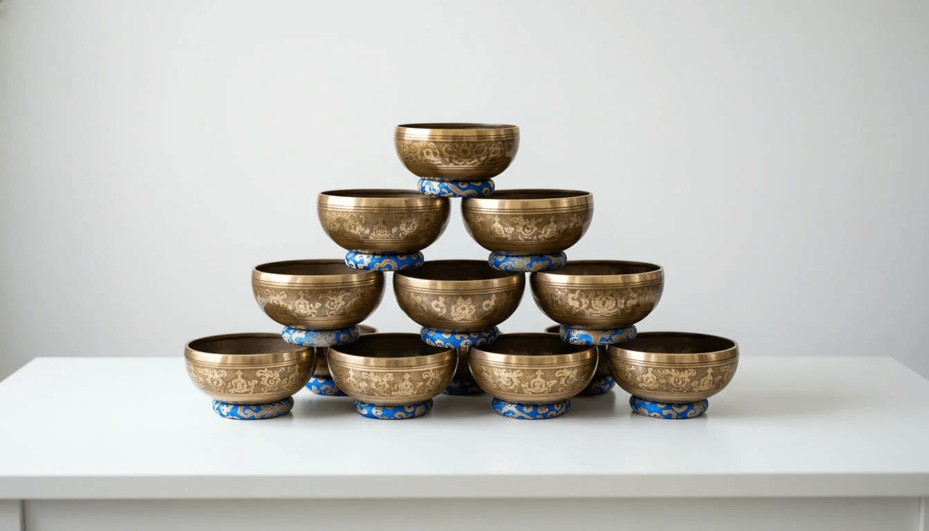 A pyramid stack of hammered brass Tibetan singing bowls on blue patterned cushions, displayed against a clean white background.