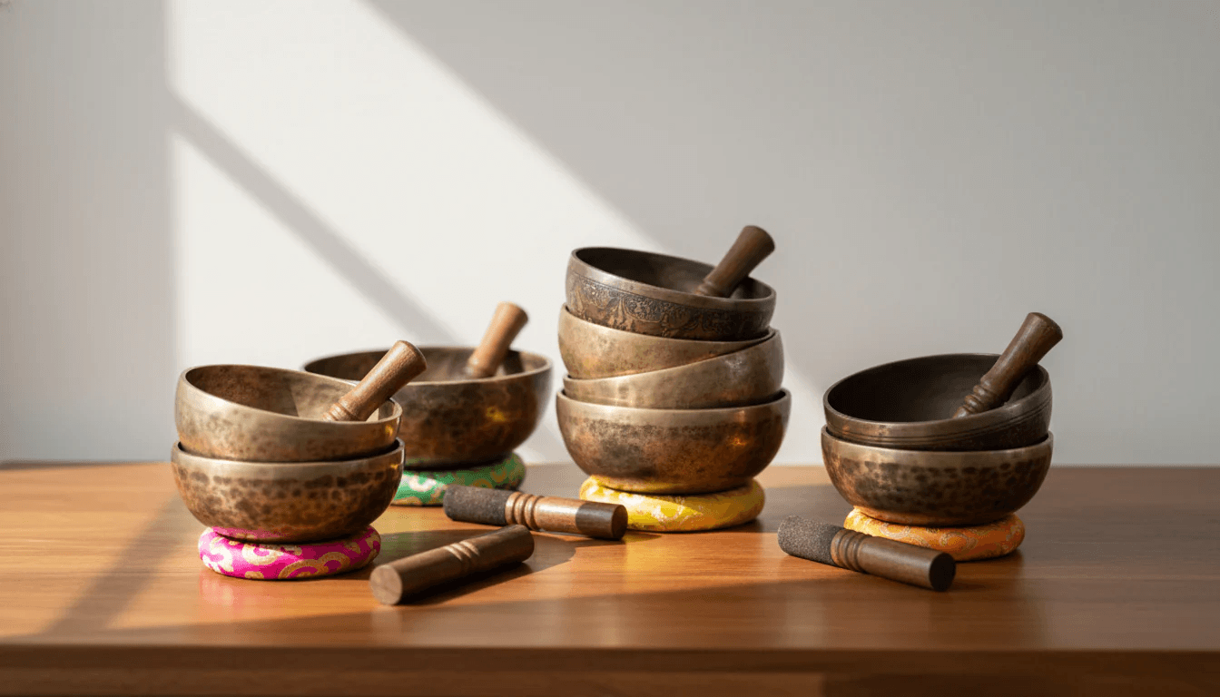 A collection of handmade, hammered Himalayan singing bowls with wooden strikers, stacked on colorful silk ring cushions on a wooden table under soft natural light.