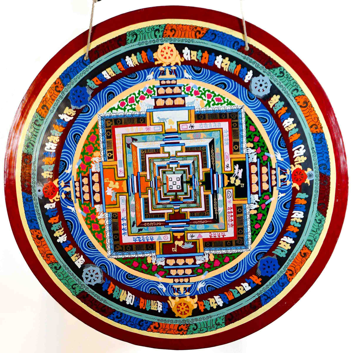Kalachakra Mandala gong featuring colorful sacred geometry, Tibetan script, Buddhist symbols, and traditional Nepalese artwork