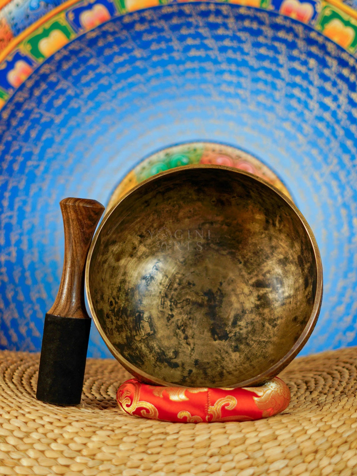 Semi antique Tibetan singing bowl with diamond floral engraving, handcrafted in Nepal with traditional Himalayan design