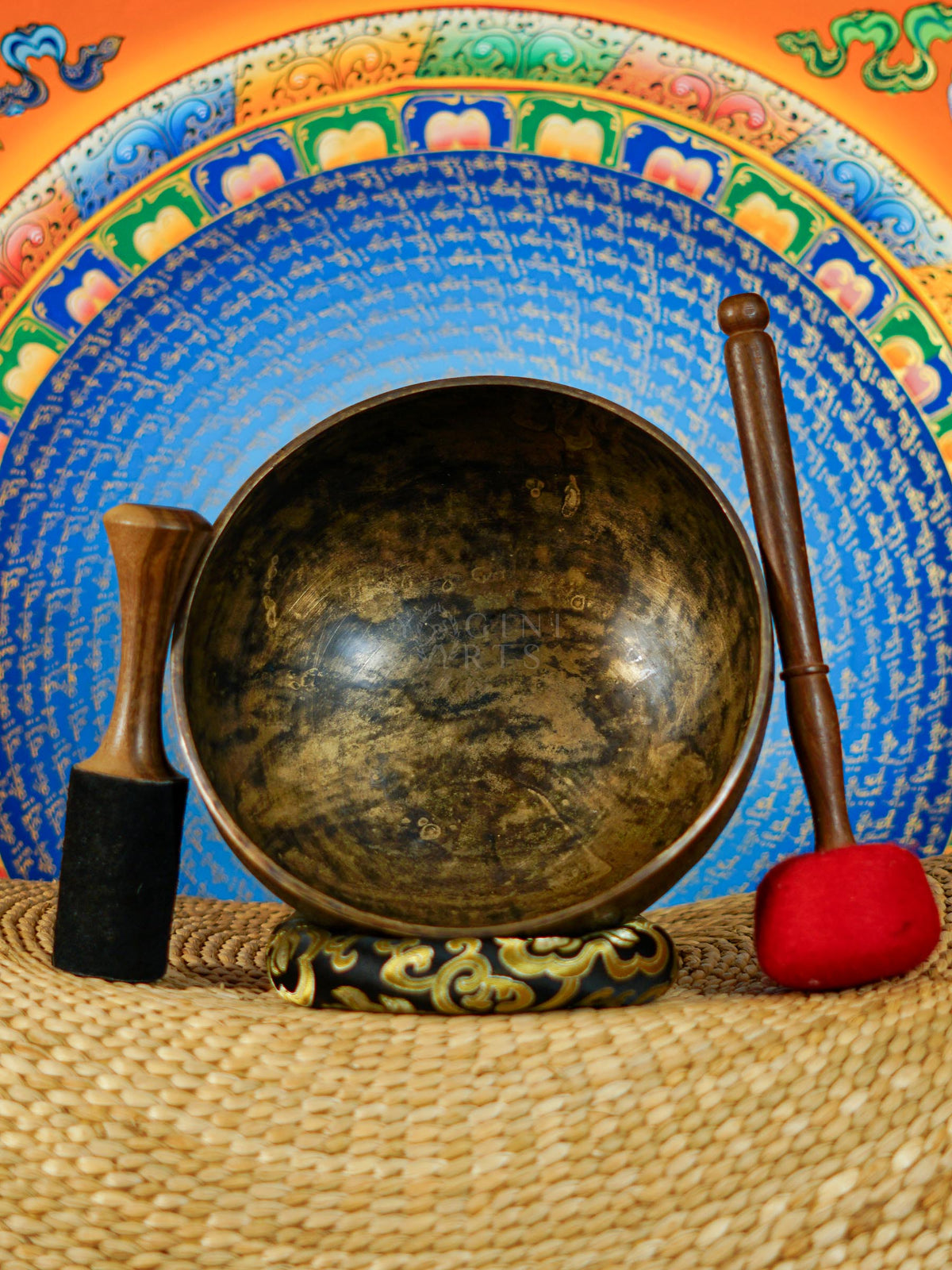Semi antique Tibetan singing bowl with intricate floral and foliage engraving, handcrafted in Nepal