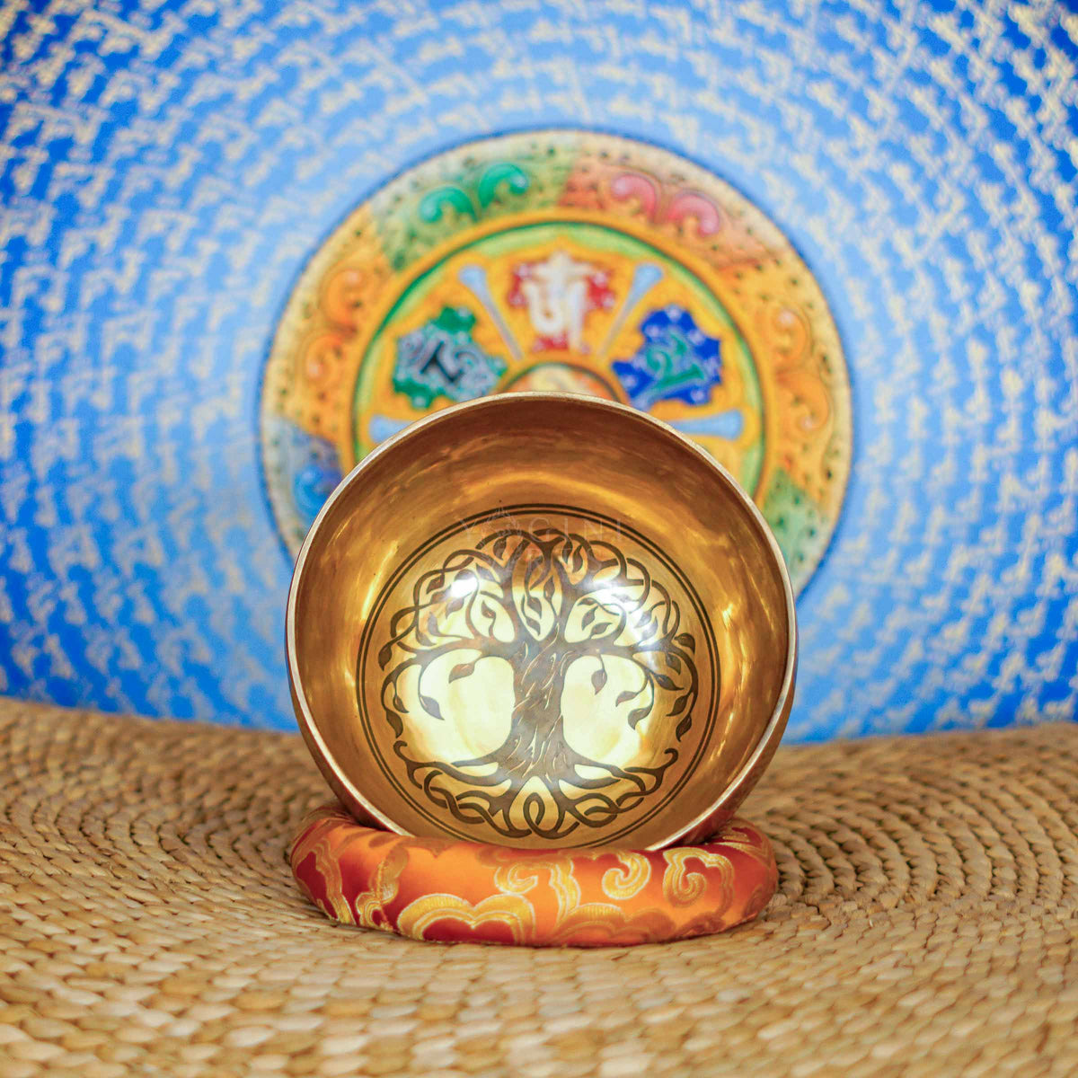 Tree of Life singing bowl with hand engraved sacred geometric designs and traditional Nepalese craftsmanship