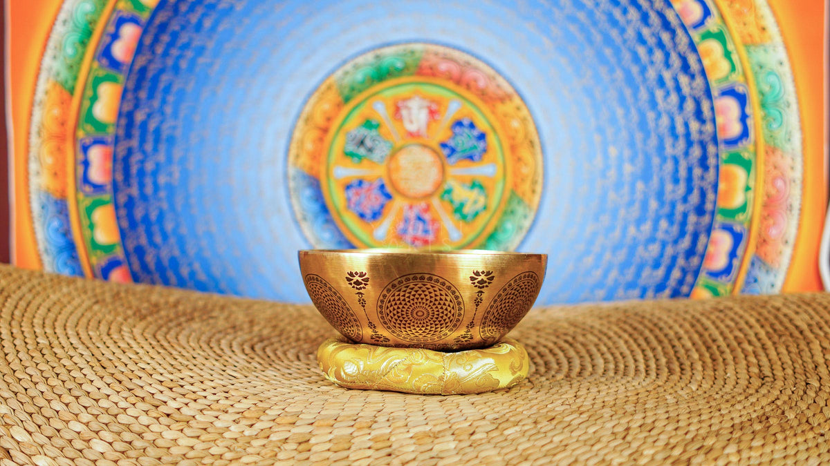 Shree Yantra Mandala singing bowl with sacred geometric engravings and traditional Nepalese craftsmanship
