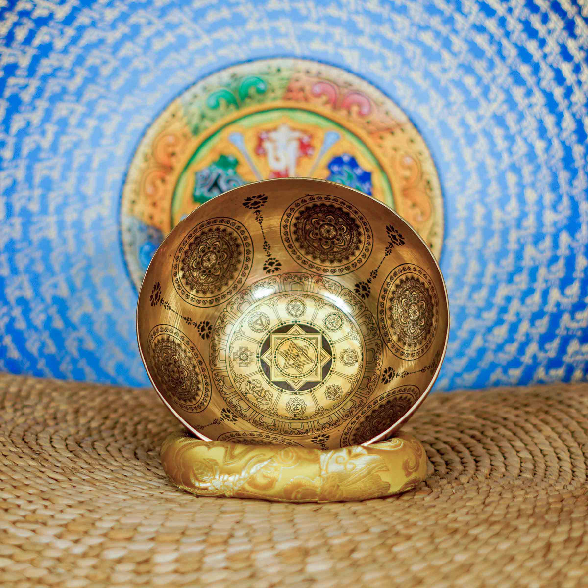Shree Yantra Mandala singing bowl with sacred geometric engravings and traditional Nepalese craftsmanship
