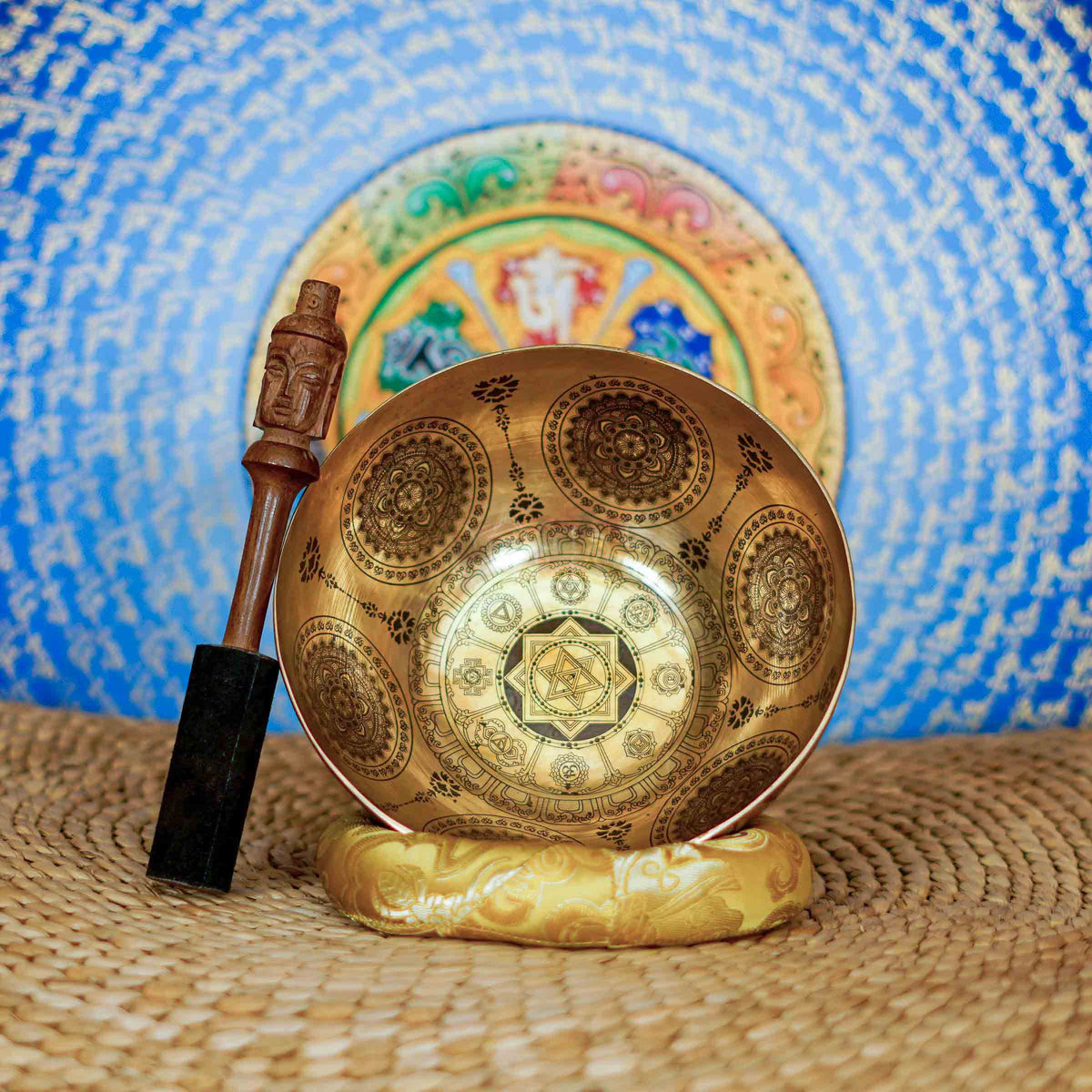 Shree Yantra Mandala singing bowl with sacred geometric engravings and traditional Nepalese craftsmanship