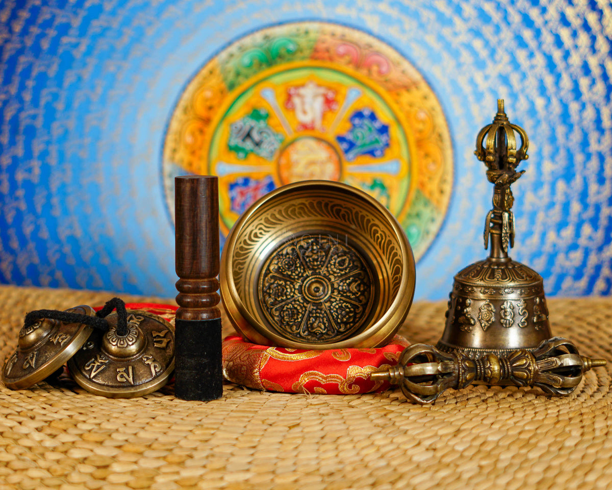 Auspicious singing bowl set with tingsha, suede mallet, cushion, Buddhist bell and vajra