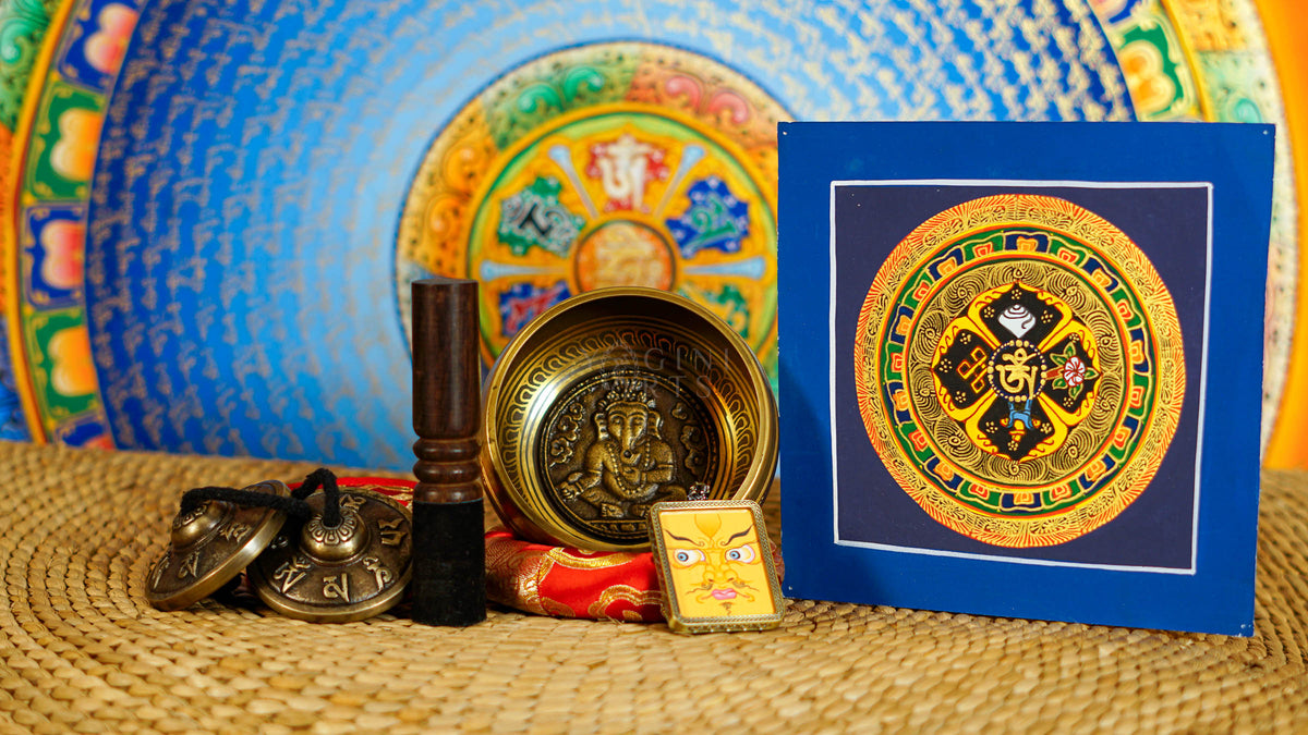 Ganesha singing bowl set with tingsha, suede mallet, cushion, Buddhist artwork and pendant