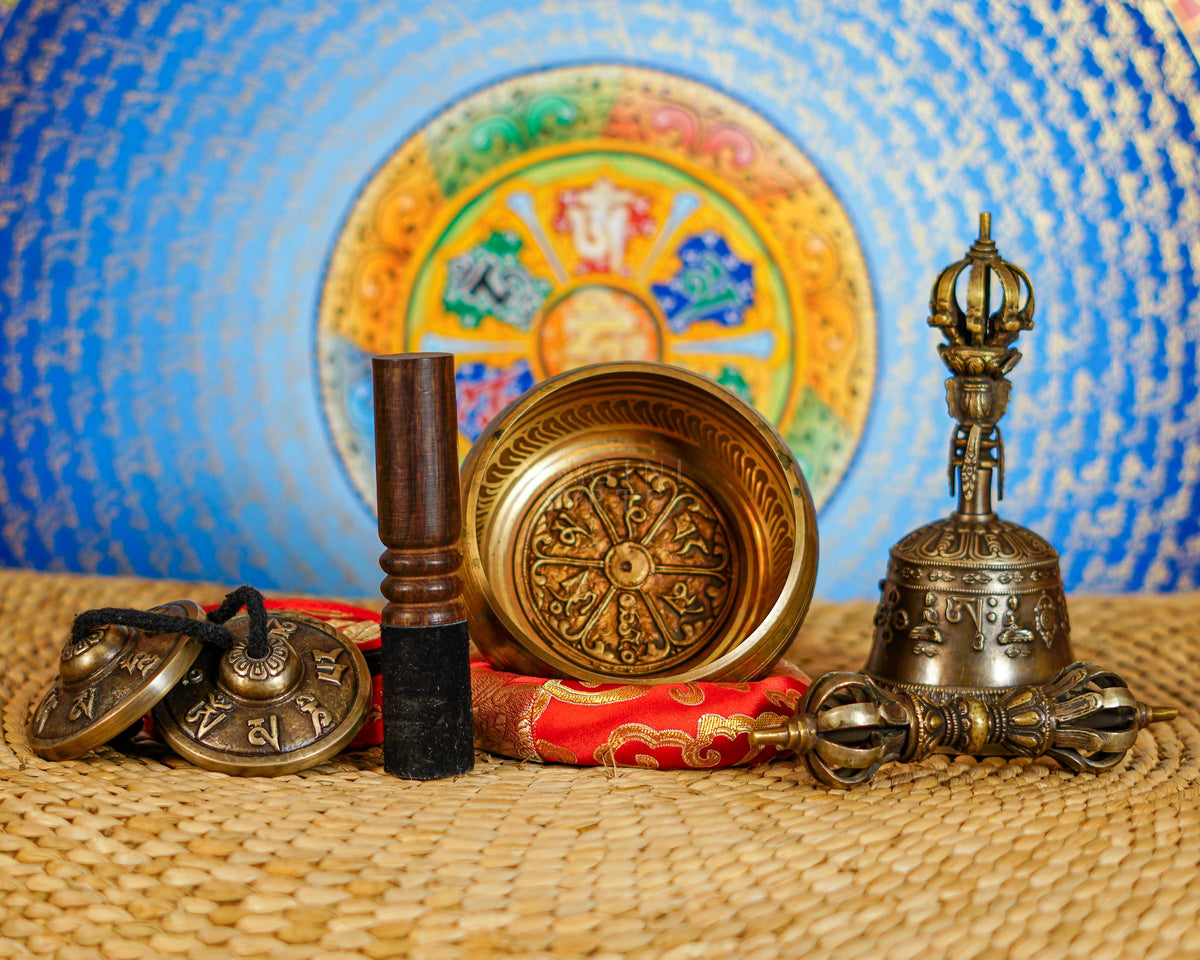 Complete Mantra singing bowl set with tingsha, suede mallet, cushion, bell and vajra