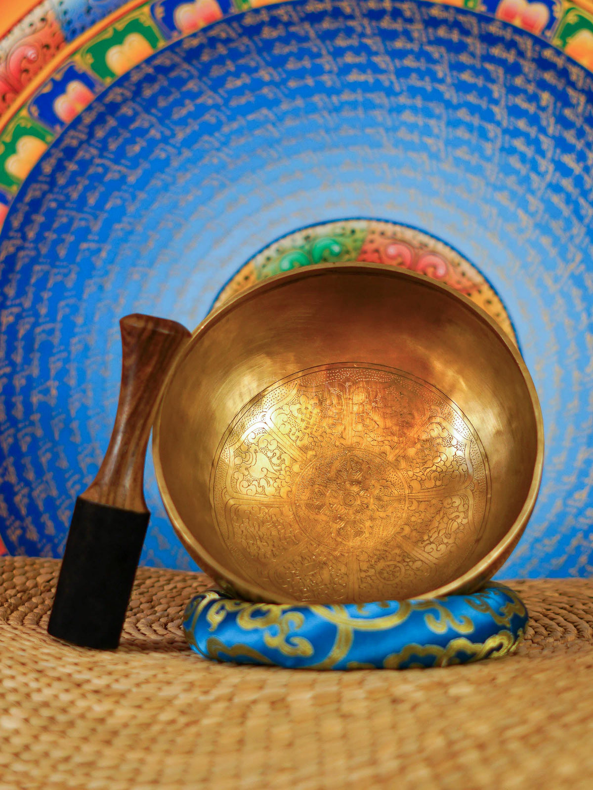 Asthamangal Nepalese singing bowl with Eight Auspicious Symbols and ornate engraving