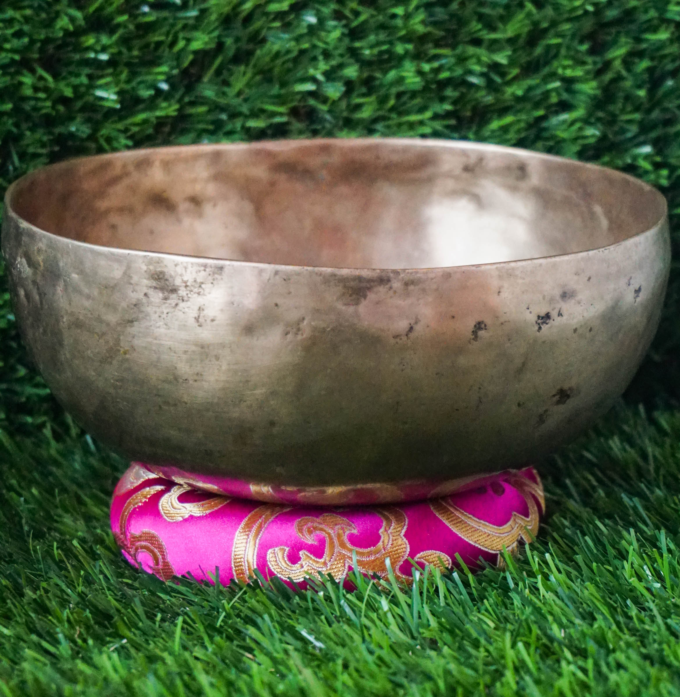 Semi-antique Singing Bowl handcrafted in Nepal with aged patina, delivering deep resonant tones for meditation, mindfulness, and spiritual practice.