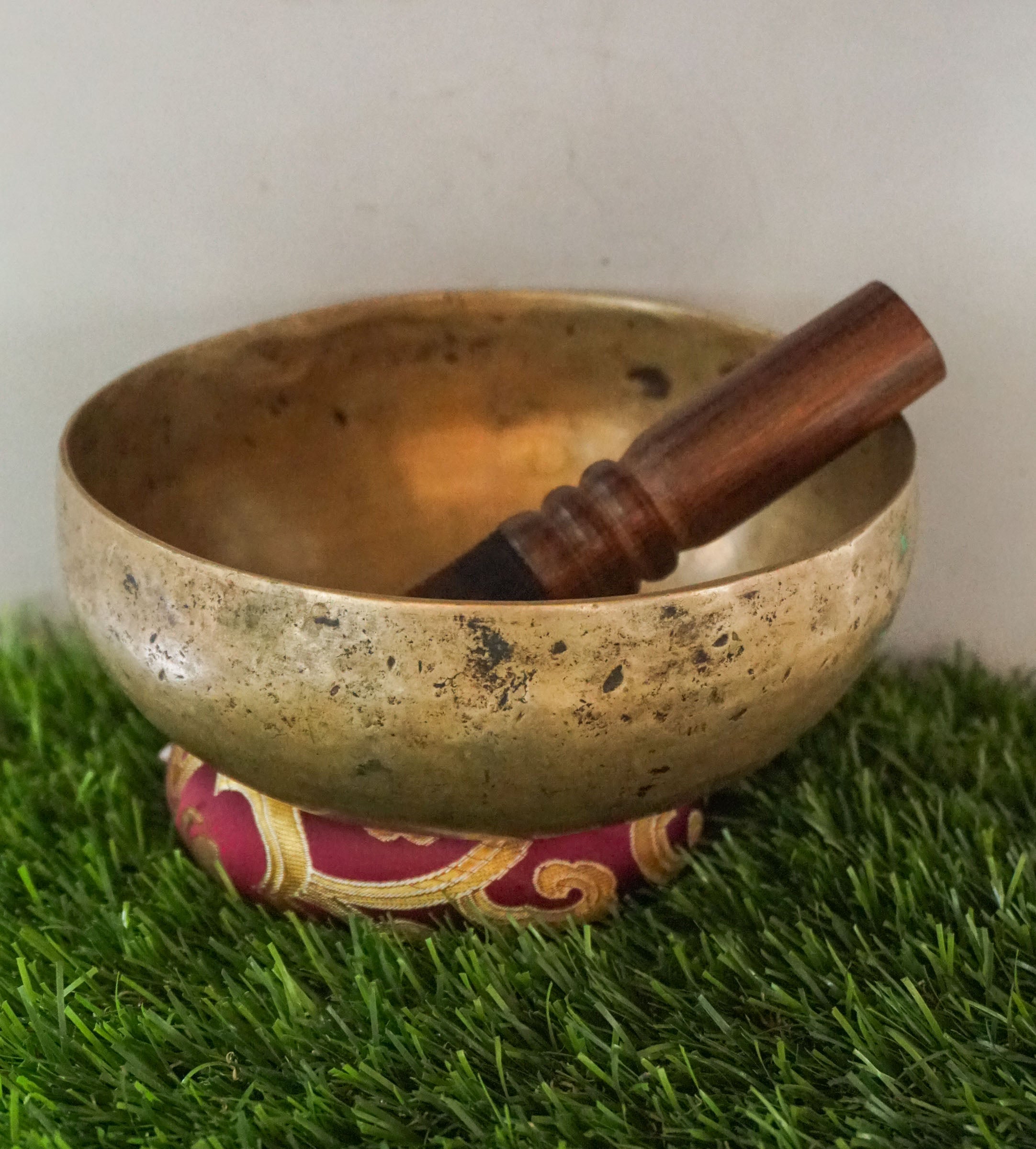 Semi-antique Tibetan Singing Bowl from Nepal, creating rich, harmonious tones for meditation, yoga, and spiritual practices.