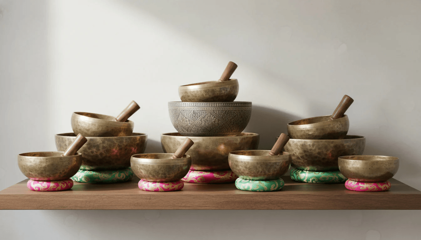 A variety of semi-antique Tibetan singing bowls with wooden mallets, resting on pink and green silk cushions on a wooden shelf.