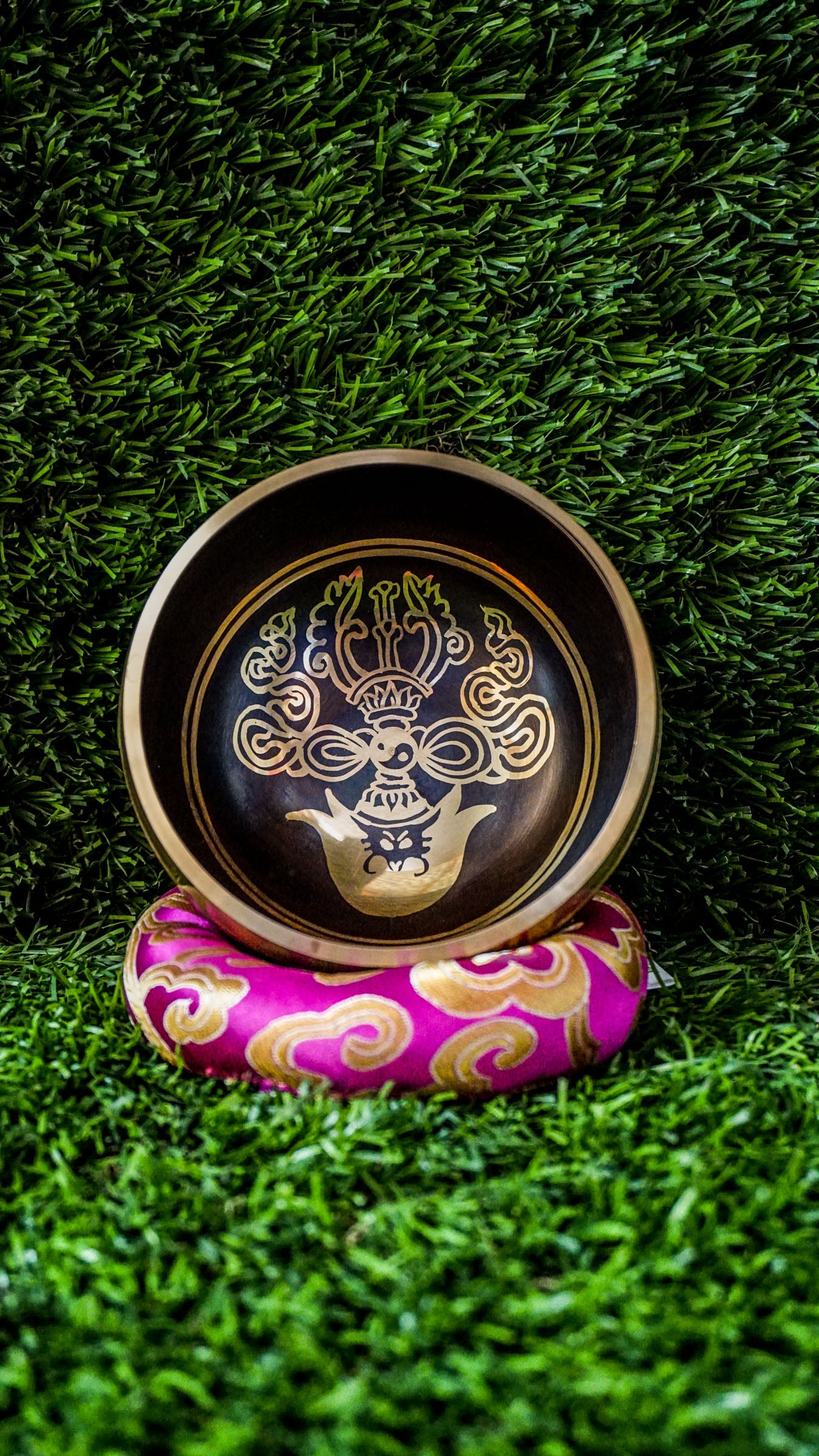 Handcrafted Vajra Kartika Knife Singing Bowl with engraved sacred blade symbol inside