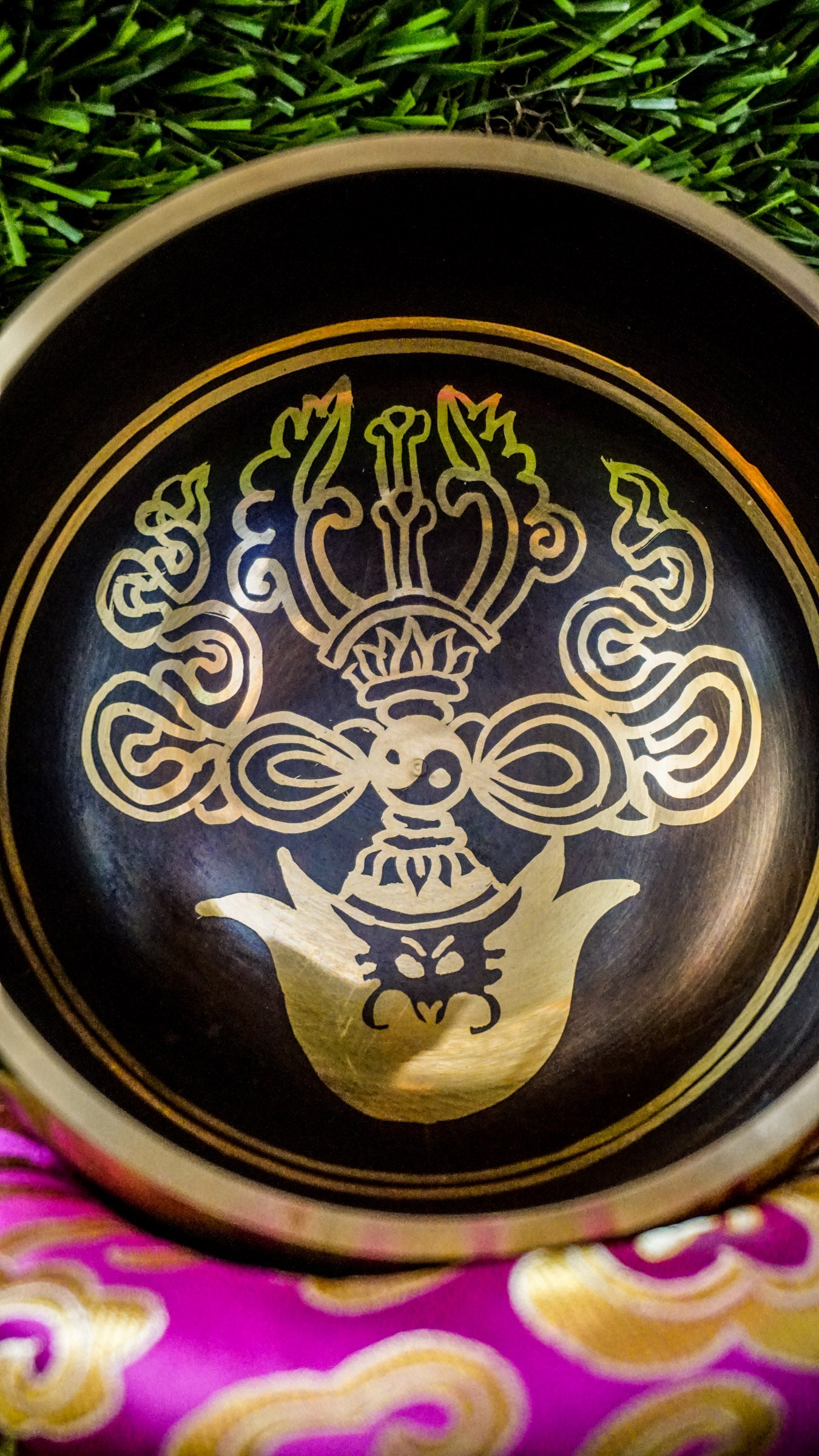 Handcrafted Vajra Kartika Knife Singing Bowl with engraved sacred blade symbol inside