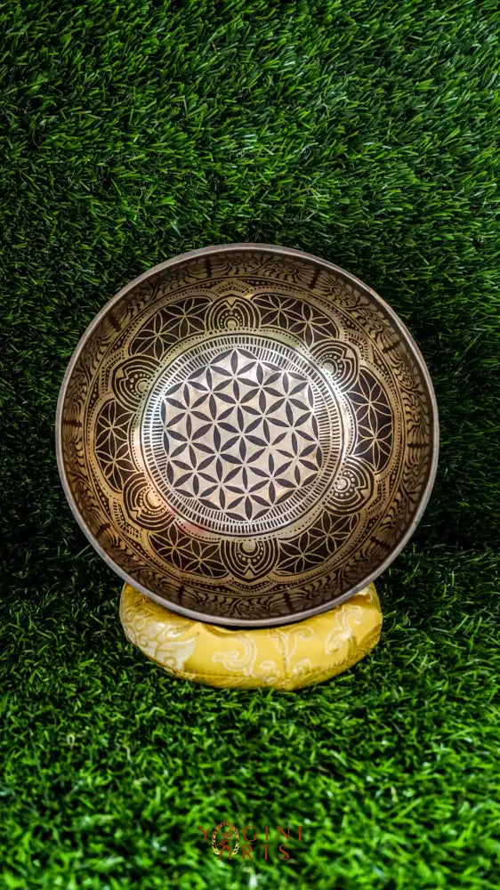 The Flower of Life Singing Bowl features the sacred Flower of Life at its center, surrounded by mandala motifs and the Om Mani Padme Hum mantra. Its warm, grounding sound supports mindfulness, balance, and stillness.