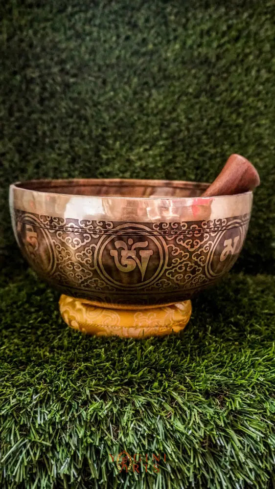 Invite compassion and healing into your space with our handcrafted Green Tara Singing Bowl. Featuring a detailed image of Green Tara inside, it symbolizes protection, care, and swift aid. The exterior is engraved with sacred patterns that amplify her blessings. Handmade by skilled artisans, this bowl produces clear, soothing tones that promote peace and focus. Includes a wooden mallet and silk cushion for easy use and care.