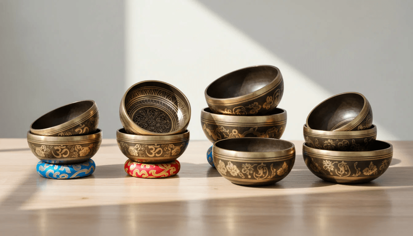 A collection of small black and gold etched singing bowls stacked and arranged on colorful silk cushions on a light wooden surface.
