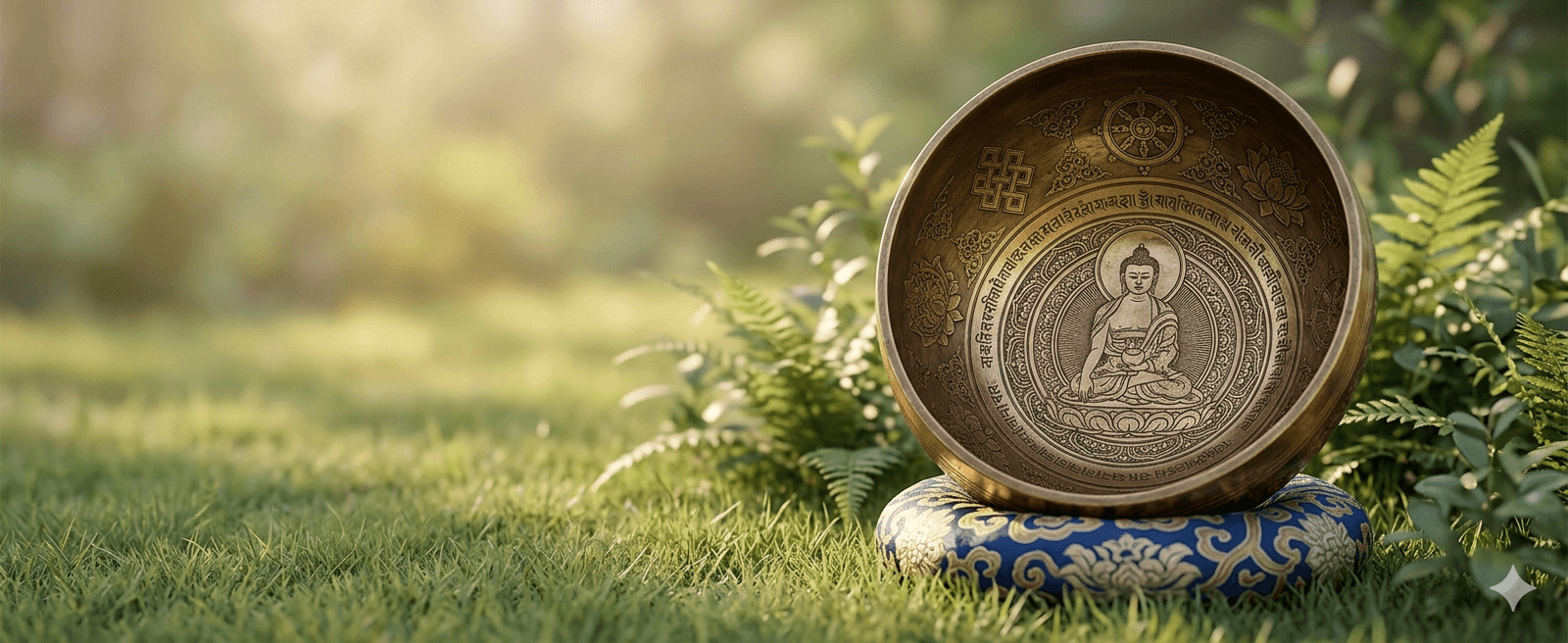 An intricate Tibetan singing bowl with an engraved Buddha and Sanskrit mantras, resting on a blue silk cushion in a lush, sunlit garden.