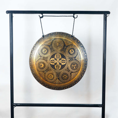 Ashtamangala gong featuring the Eight Auspicious Symbols with detailed golden Buddhist artwork and traditional Nepalese craftsmanship