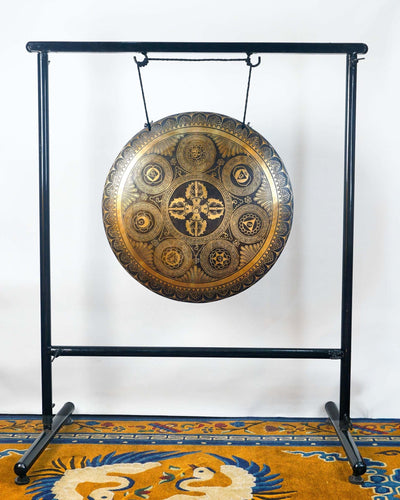 Ashtamangala gong featuring the Eight Auspicious Symbols with detailed golden Buddhist artwork and traditional Nepalese craftsmanship