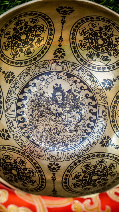 The Green Tara Singing Bowl brings compassion and protection to your space. Featuring Green Tara at its center and surrounded by calming mandala patterns, it produces a soft, steady sound that helps soothe the mind and deepen meditation. A gentle companion for peace and healing.