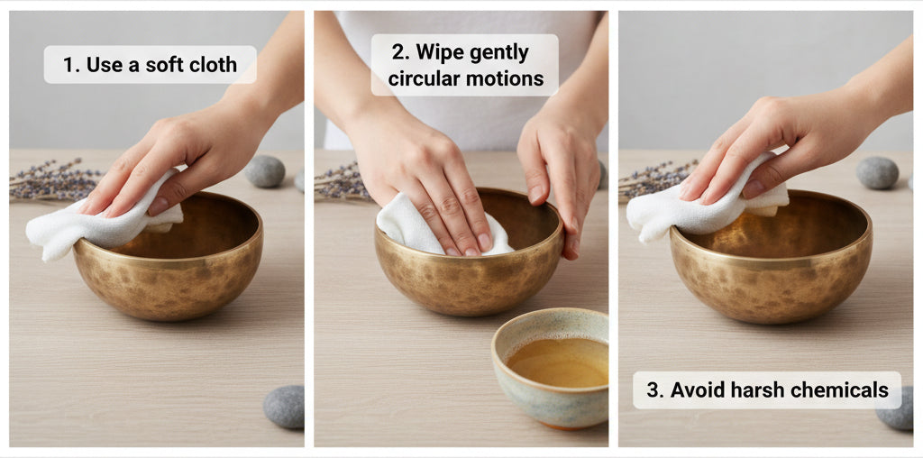 Cleaning a handmade singing bowl with a soft dry cloth