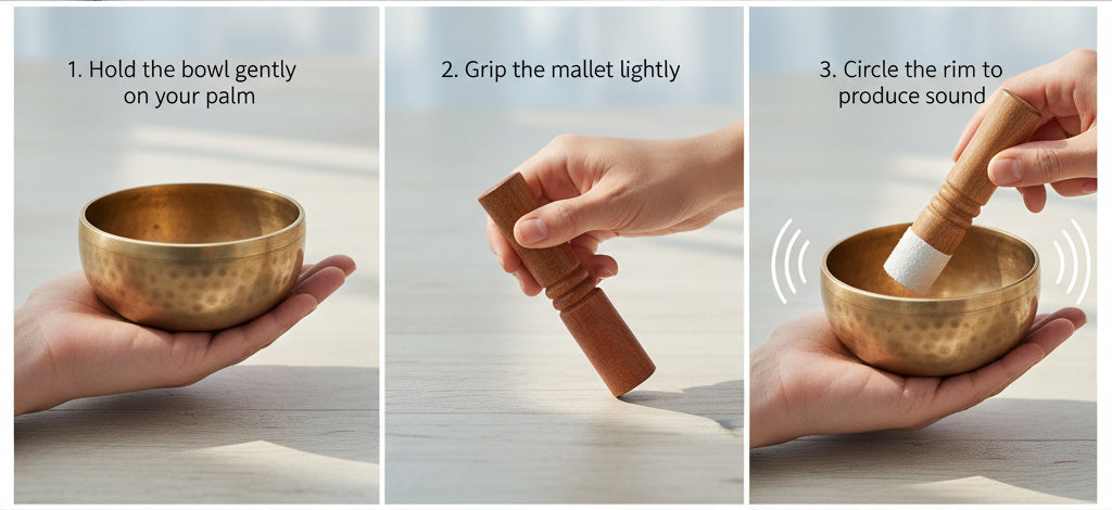 How to play a singing bowl by circling a wooden mallet around the rim