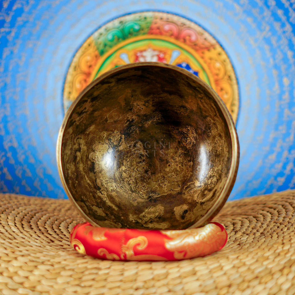 Semi antique Tibetan singing bowl with intricate floral engraving, handcrafted in Nepal for meditation and sound practice