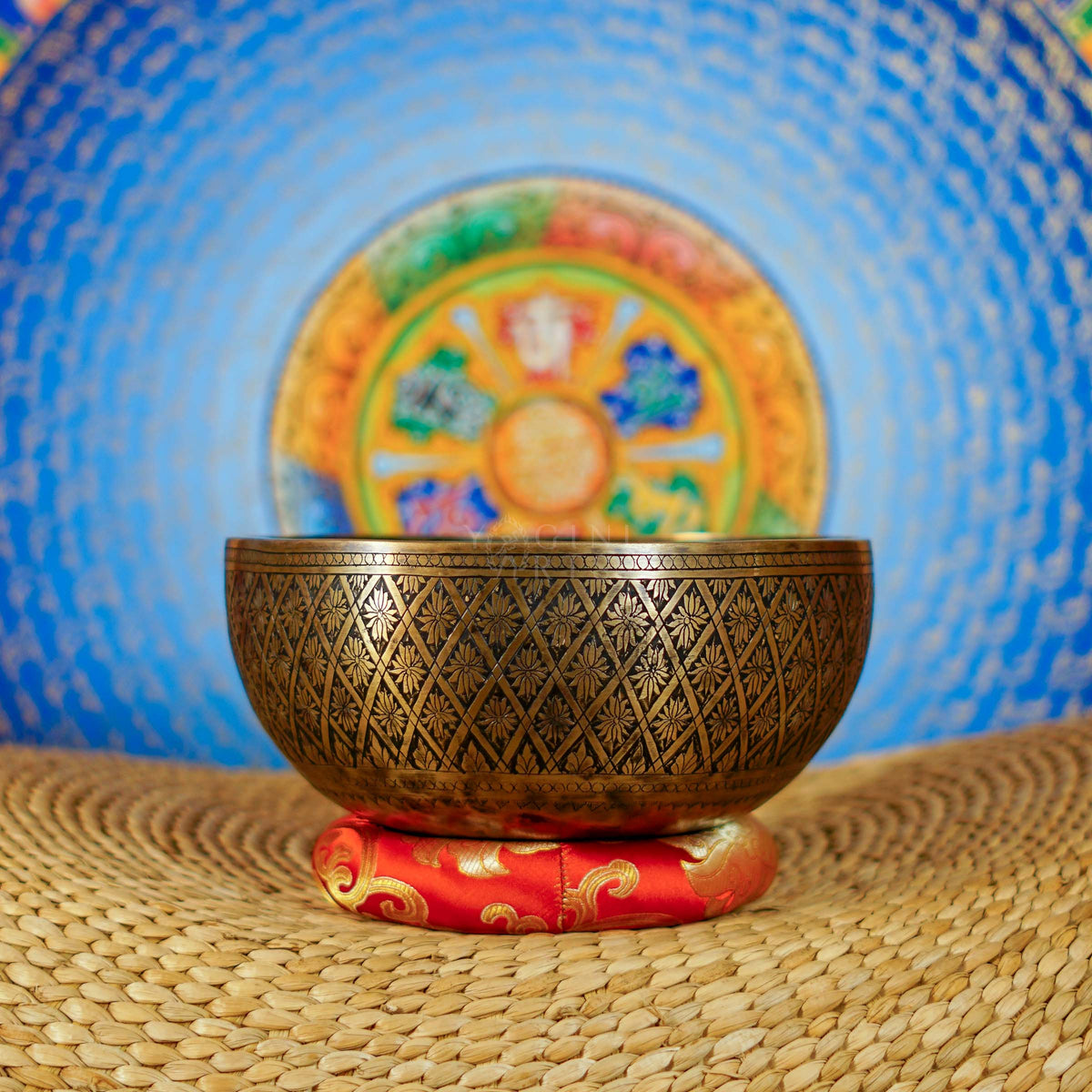 Semi antique Tibetan singing bowl with diamond floral engraving, handcrafted in Nepal with traditional Himalayan design