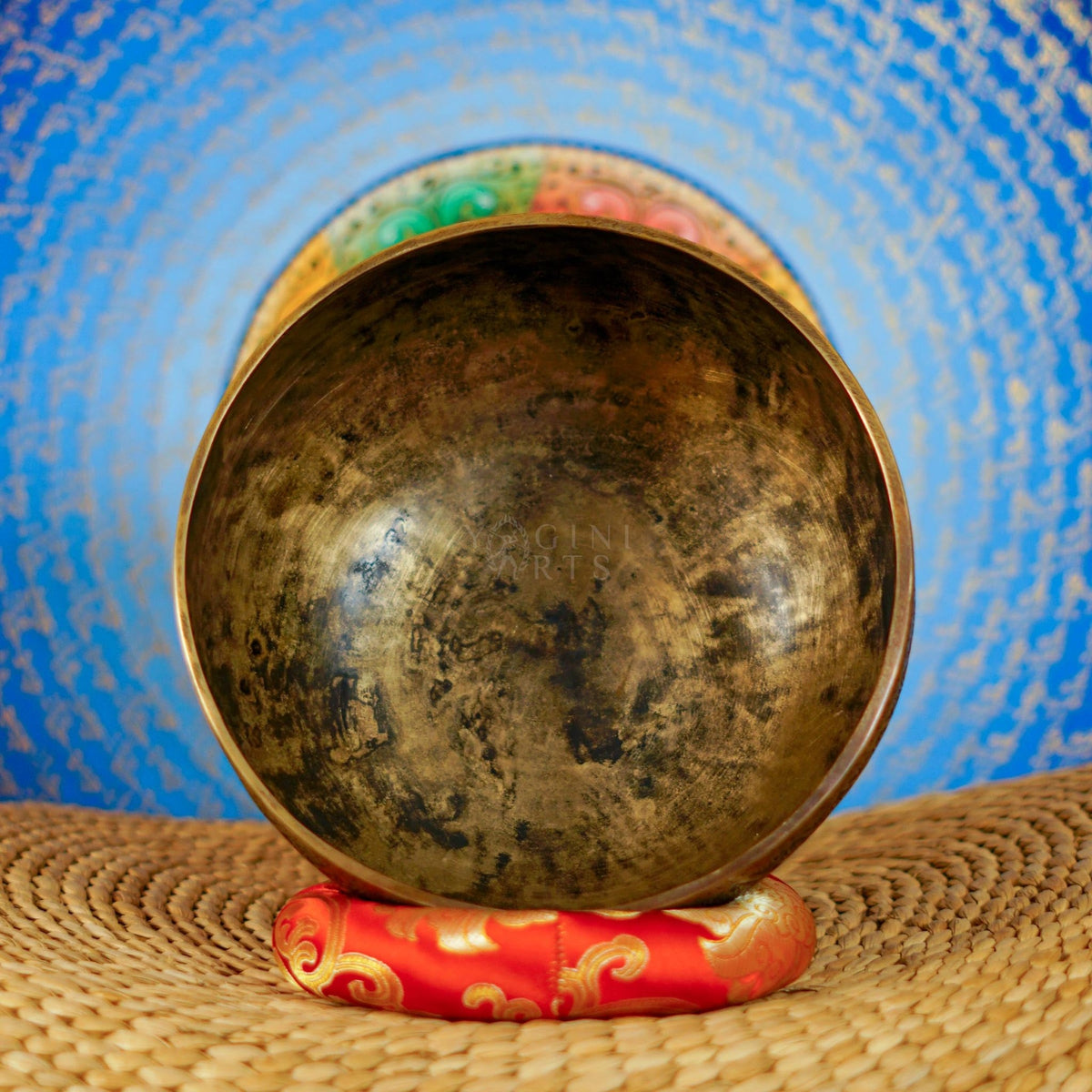 Semi antique Tibetan singing bowl with diamond floral engraving, handcrafted in Nepal with traditional Himalayan design