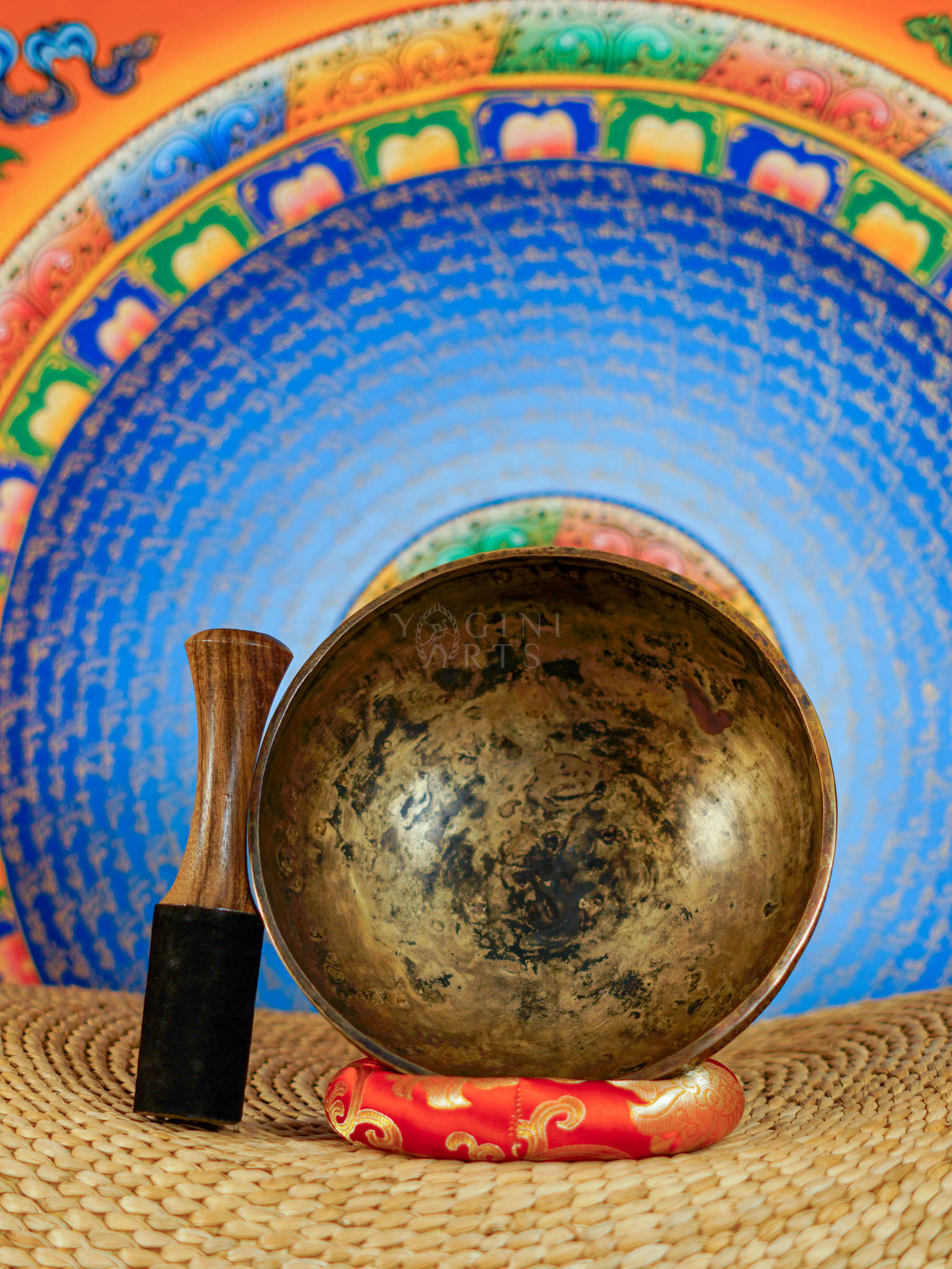 Semi antique floral engraved Tibetan singing bowl handcrafted in Nepal with detailed flower and foliage design