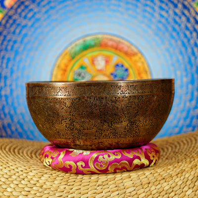 Semi antique singing bowl with intricate flower vase and floral engraving, handcrafted in Nepal