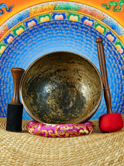 Semi antique singing bowl with intricate flower vase and floral engraving, handcrafted in Nepal