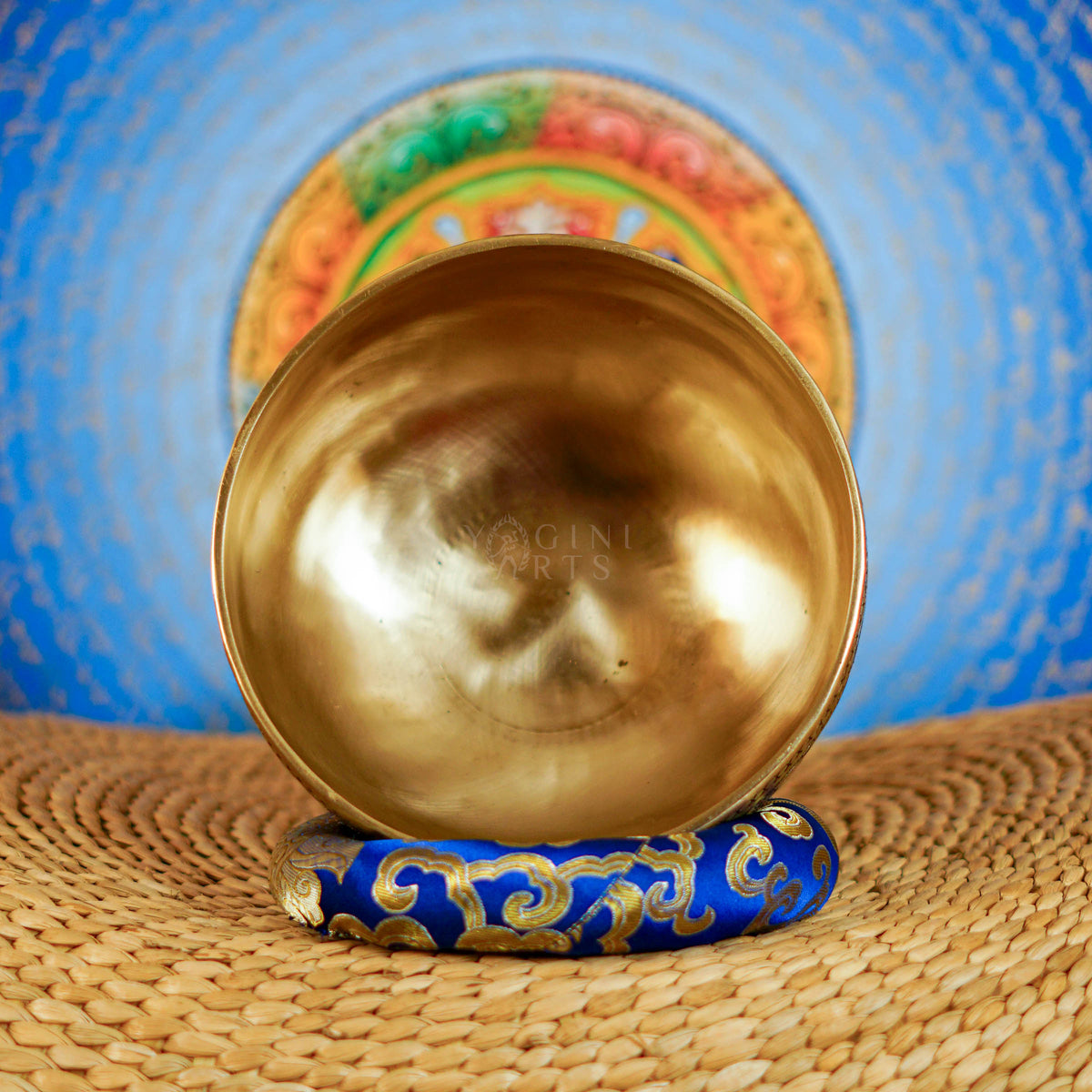 Semi antique singing bowl with engraved bird and floral design, handcrafted in Nepal
