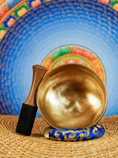 Semi antique singing bowl with engraved bird and floral design, handcrafted in Nepal