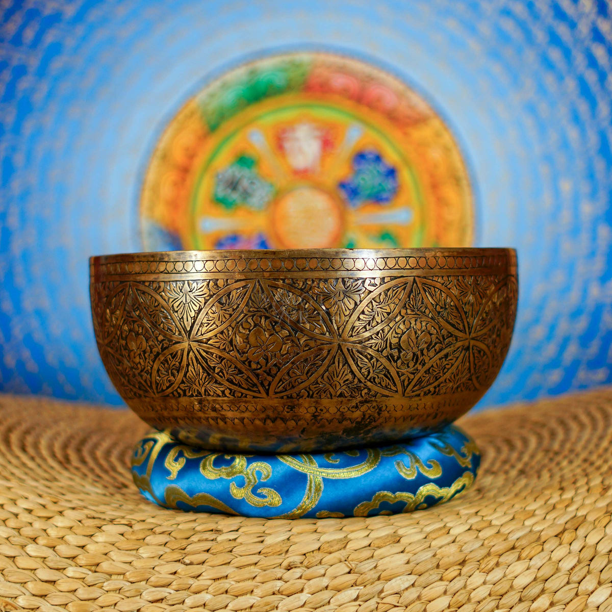 Semi antique handmade singing bowl with intricate geometric floral and leaf engraving on aged bronze metal