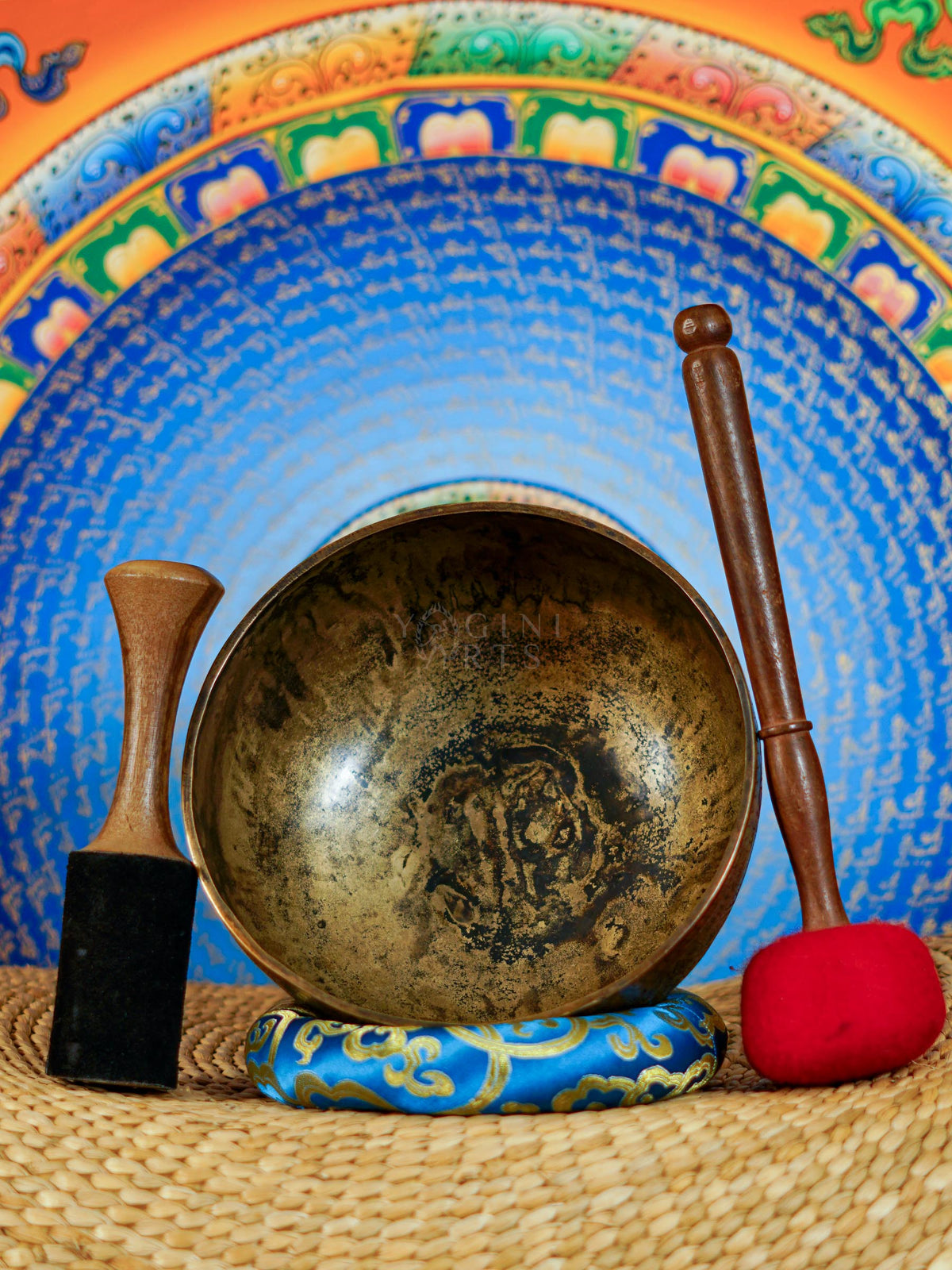 Semi antique handmade singing bowl with intricate geometric floral and leaf engraving on aged bronze metal