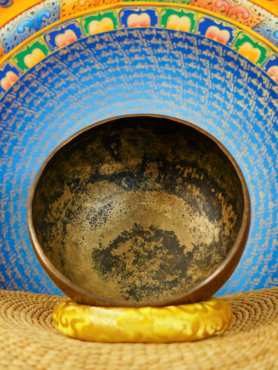 Semi antique handmade singing bowl with intricate flower vase engraving and floral patterns on aged bronze