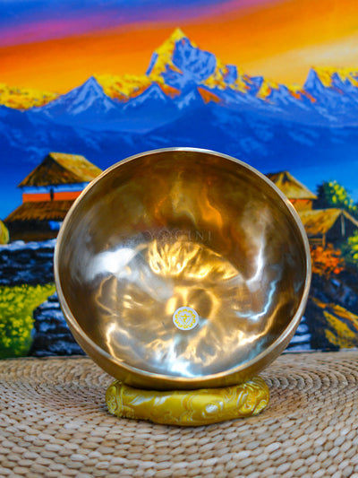 Seven handcrafted Himalayan singing bowls arranged together, showing graduated sizes, chakra symbols, and warm antique bronze-gold finishes.