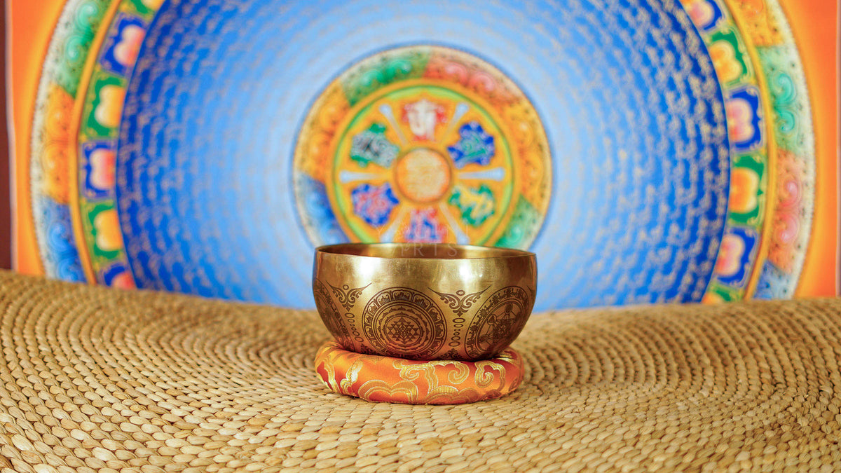 Tree of Life singing bowl with hand engraved sacred geometric designs and traditional Nepalese craftsmanship