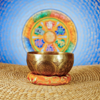 Tree of Life singing bowl with hand engraved sacred geometric designs and traditional Nepalese craftsmanship