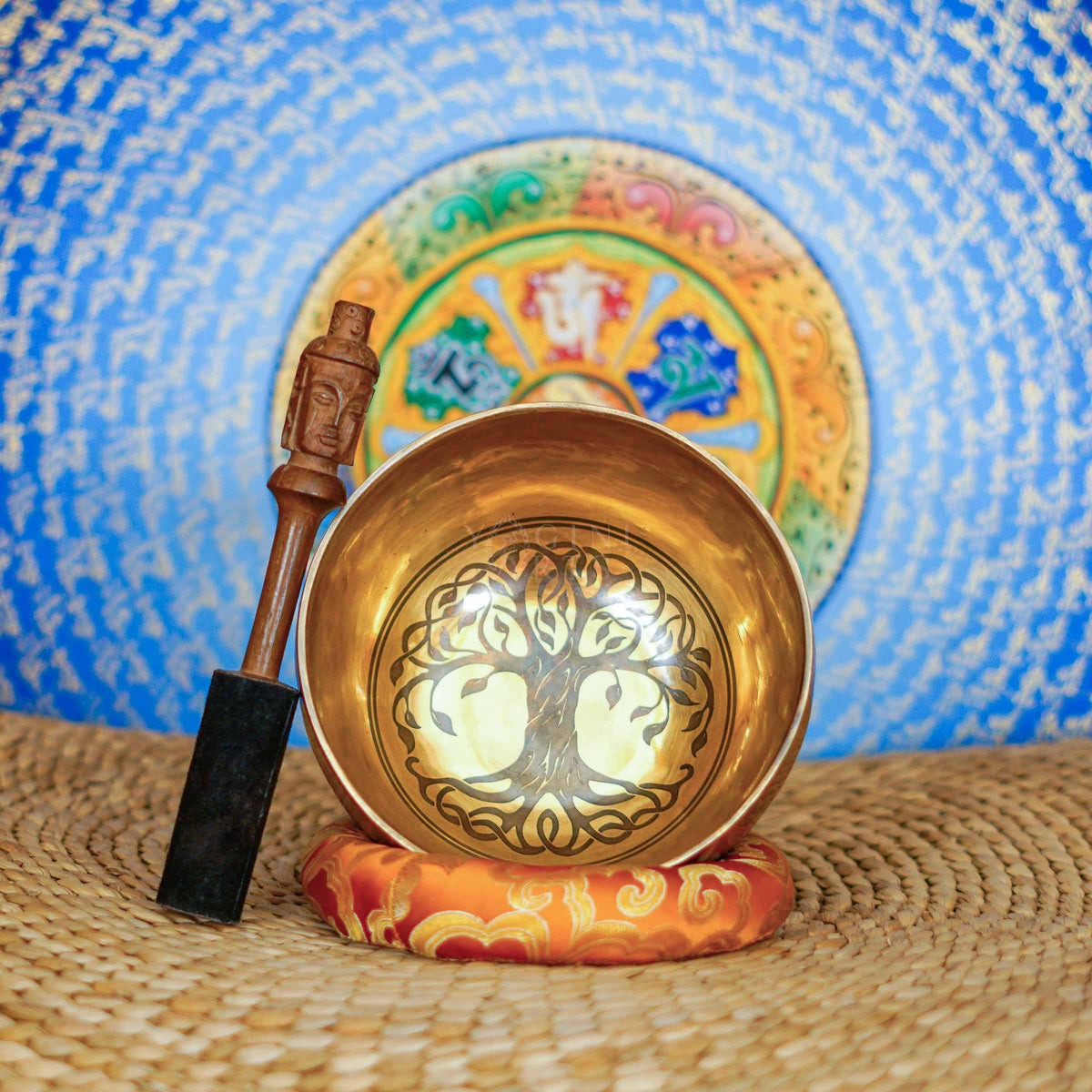 Tree of Life singing bowl with hand engraved sacred geometric designs and traditional Nepalese craftsmanship