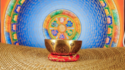 Tara singing bowl with sacred mandala engravings and intricate traditional Nepalese Buddhist artwork