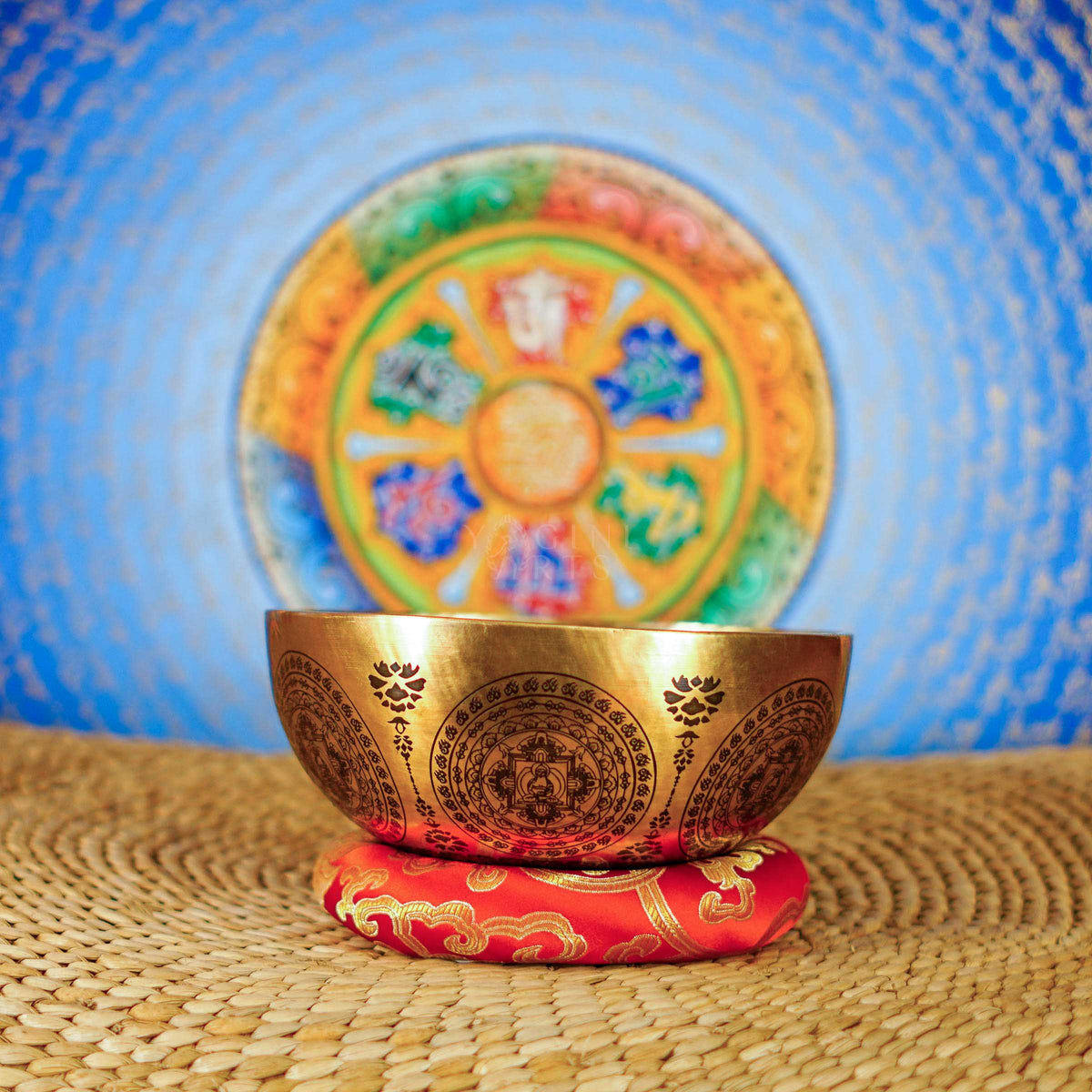 Tara singing bowl with sacred mandala engravings and intricate traditional Nepalese Buddhist artwork