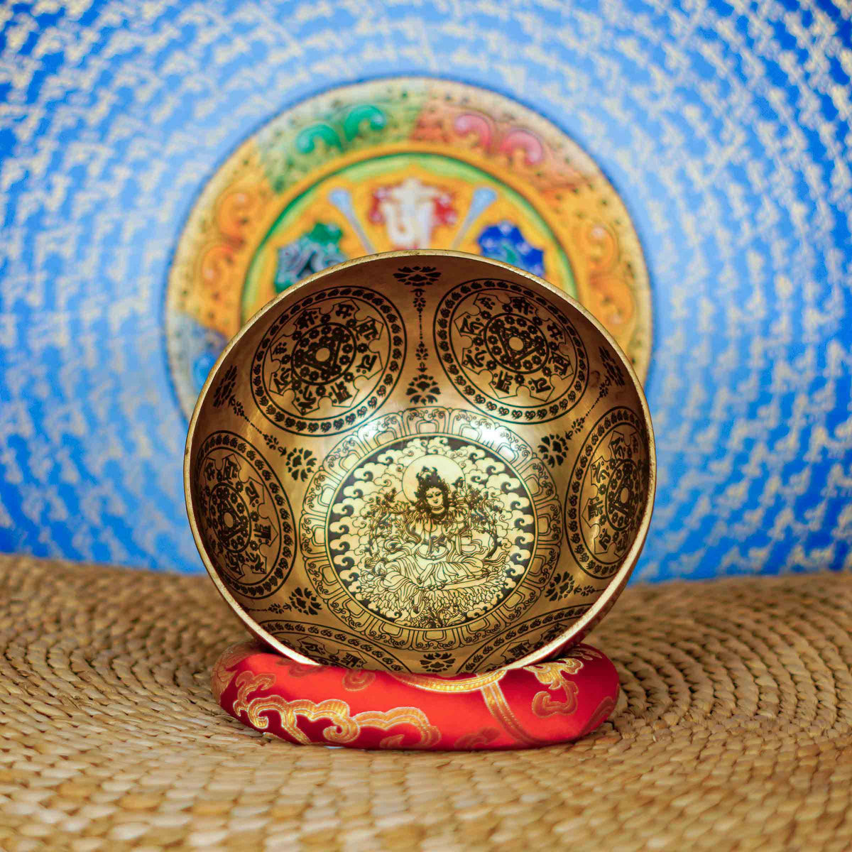 Tara singing bowl with sacred mandala engravings and intricate traditional Nepalese Buddhist artwork