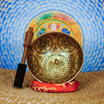 Tara singing bowl with sacred mandala engravings and intricate traditional Nepalese Buddhist artwork