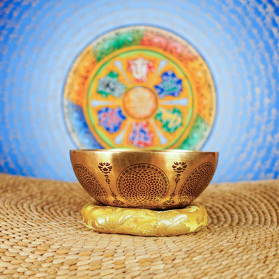 Shree Yantra Mandala singing bowl with sacred geometric engravings and traditional Nepalese craftsmanship