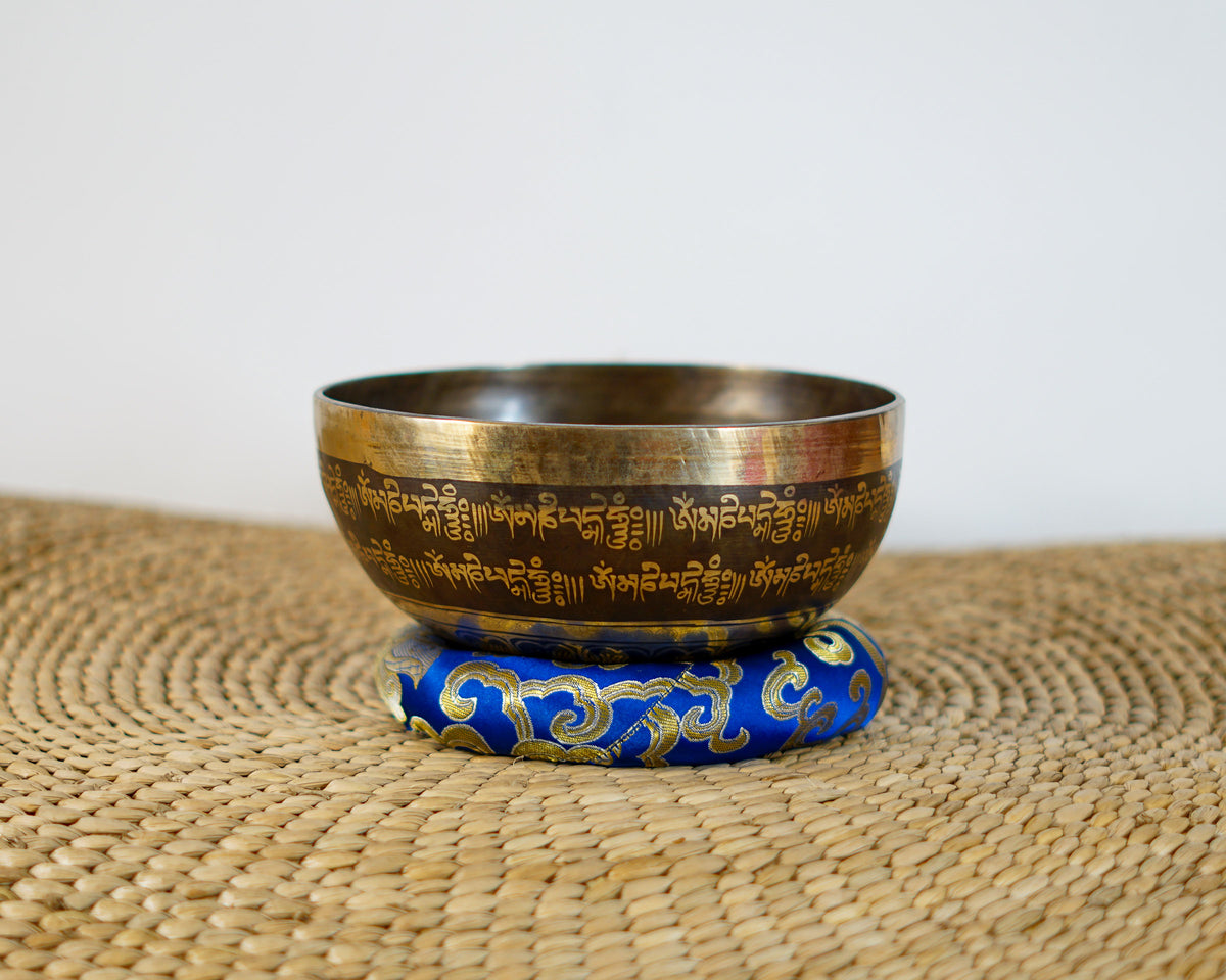 Two Golden Fish engraved inside a Tibetan singing bowl with decorative geometric borders, displayed with a wooden mallet and blue brocade cushion.