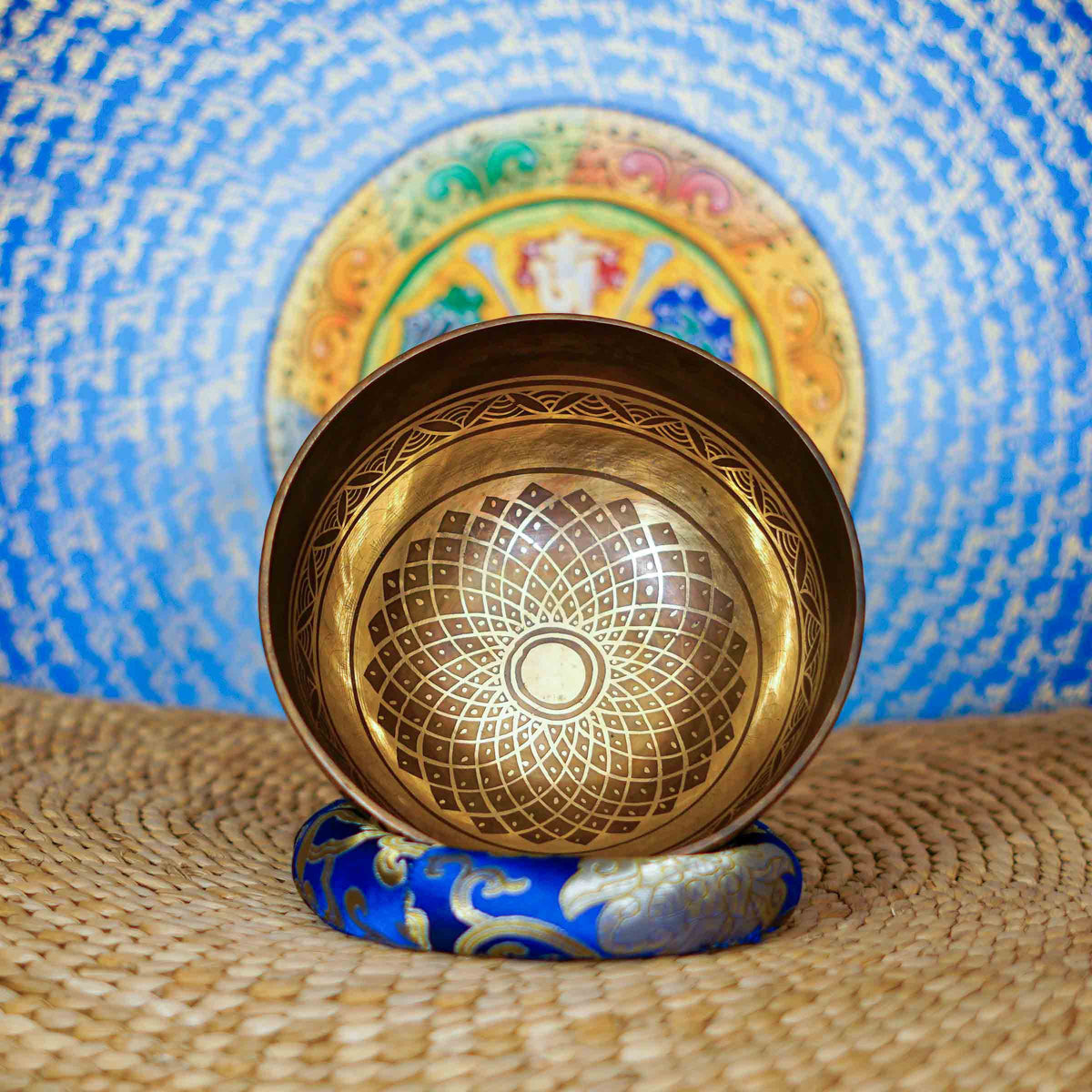 Cosmos singing bowl with intricate floral mandala engraving and traditional Tibetan-inspired artwork from Nepal
