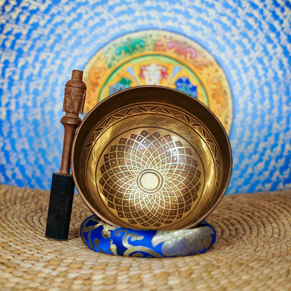 Cosmos singing bowl with intricate floral mandala engraving and traditional Tibetan-inspired artwork from Nepal